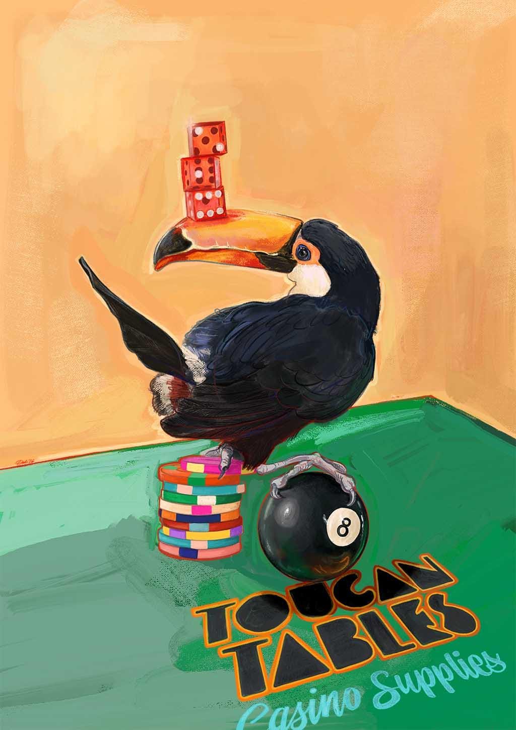A toucan balances red dice on its beak, sits on poker chips, and stands beside an eight ball on a green table in this Hôtel Dodo 