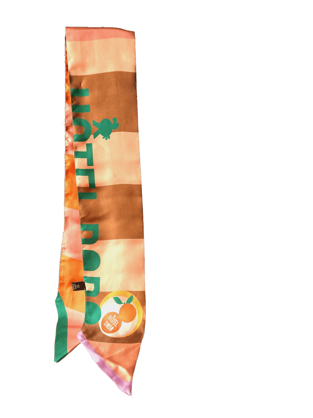 The Hotel Dodo Scarf by diedododa is a silk twill scarf in pink, orange, and brown stripes, featuring "HOTEL POP" in green and a circular peach "HOTEL POP" logo near the end.
