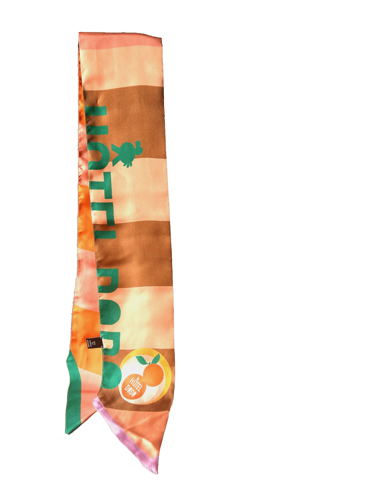 The Hotel Dodo Scarf by diedododa is a silk twill scarf in pink, orange, and brown stripes, featuring "HOTEL POP" in green and a circular peach "HOTEL POP" logo near the end.