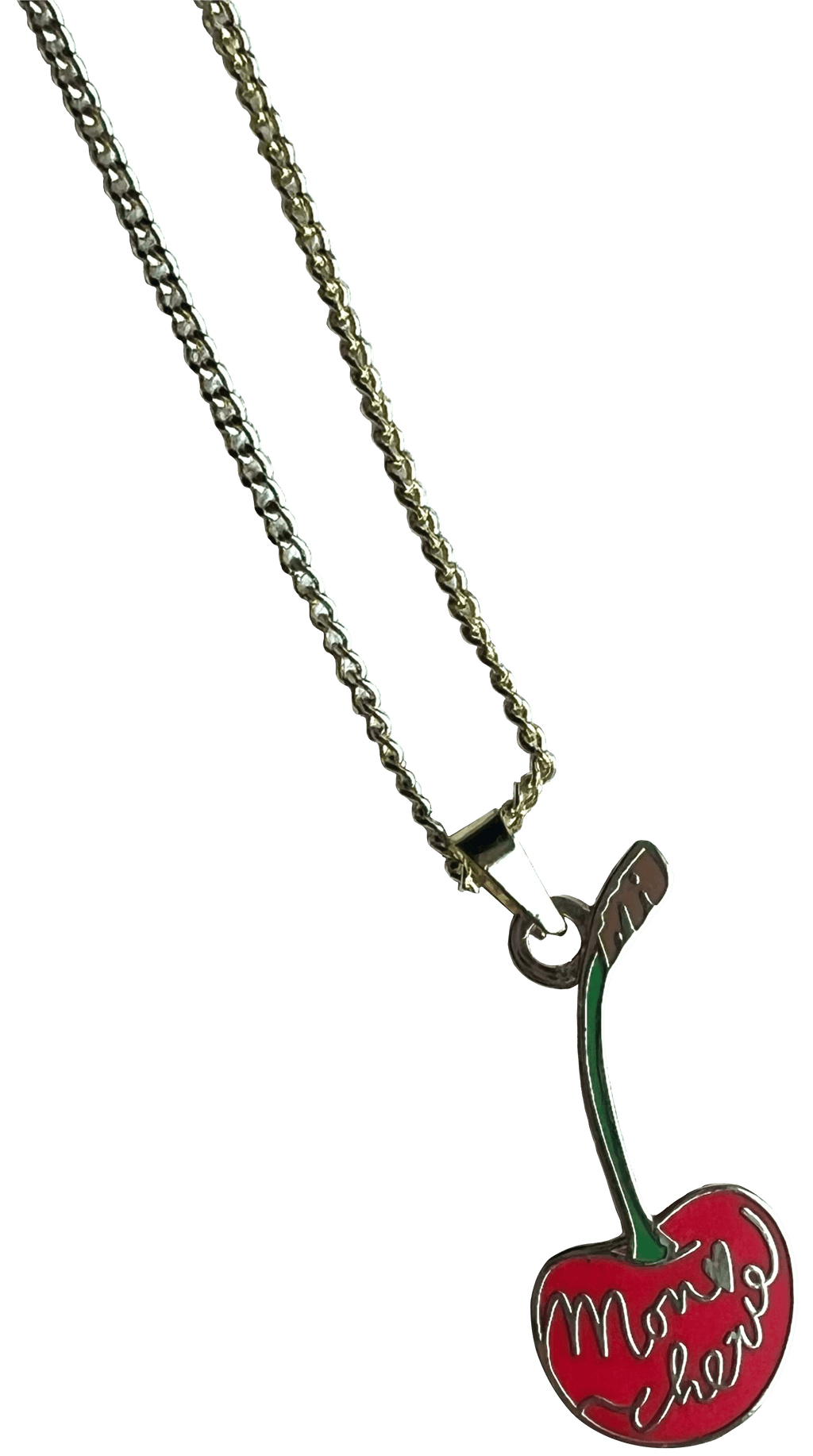 The Mon Chérie Necklace by Necklaces features a charming dual-colored chain with a cute cherry pendant, showcasing a red cherry and green stem, elegantly inscribed with "Mon Cheri.