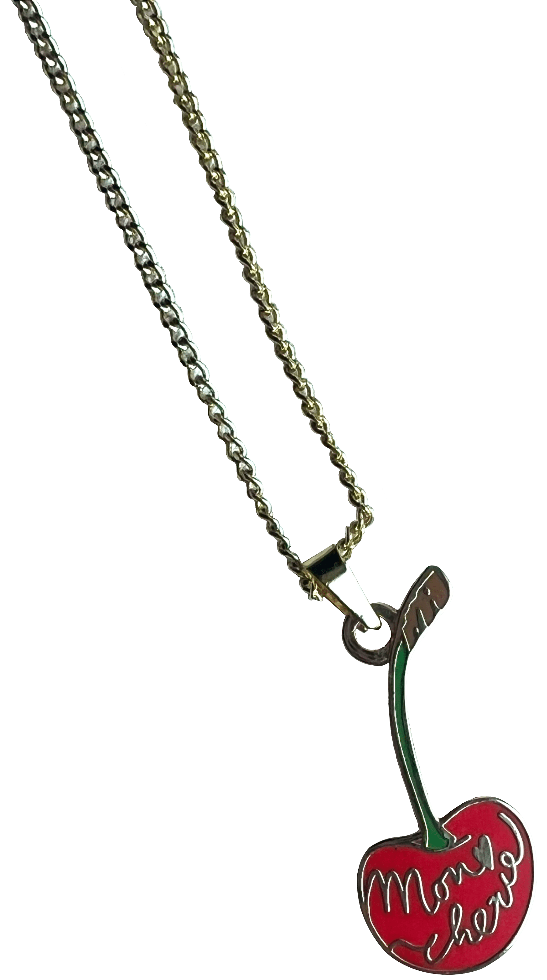 The Mon Chérie Necklace by Necklaces features a charming dual-colored chain with a cute cherry pendant, showcasing a red cherry and green stem, elegantly inscribed with "Mon Cheri.
