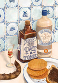 The Dutch Courage Giclée Art Print by Hôtel Dodo features a jenever bottle, a glass, "Cat Tonic," a cat tail, and a plate of waffles with chocolate sprinkles set against Delftware blue and white tiles.
