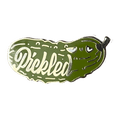 A tiny cucumber-shaped cartoon pickle pin by Pins by diedododa, featuring the word "Pickled" and an expression with raised eyebrows.
