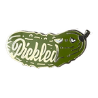 A tiny cucumber-shaped cartoon pickle pin by Pins by diedododa, featuring the word "Pickled" and an expression with raised eyebrows.
