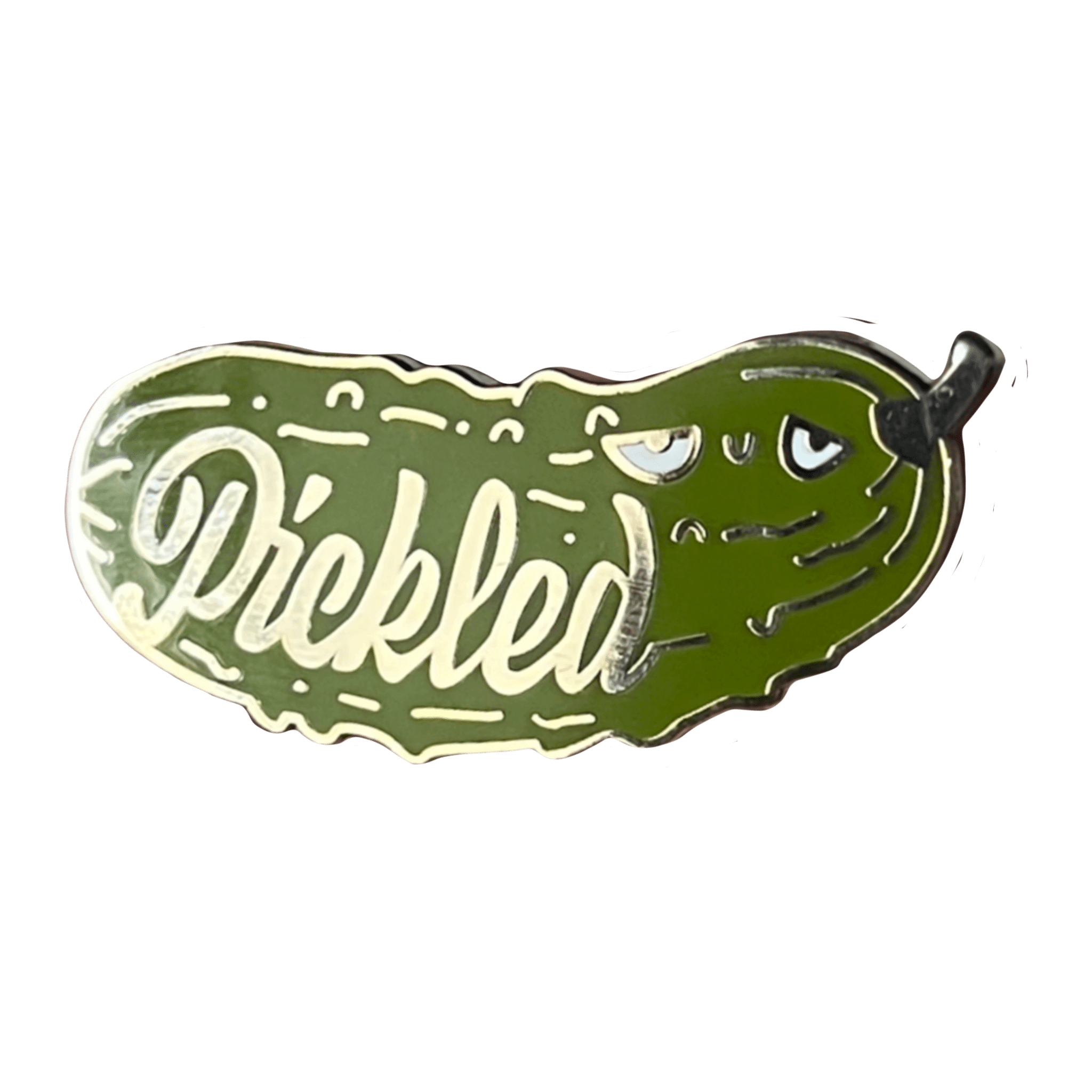 A tiny cucumber-shaped cartoon pickle pin by Pins by diedododa, featuring the word "Pickled" and an expression with raised eyebrows.