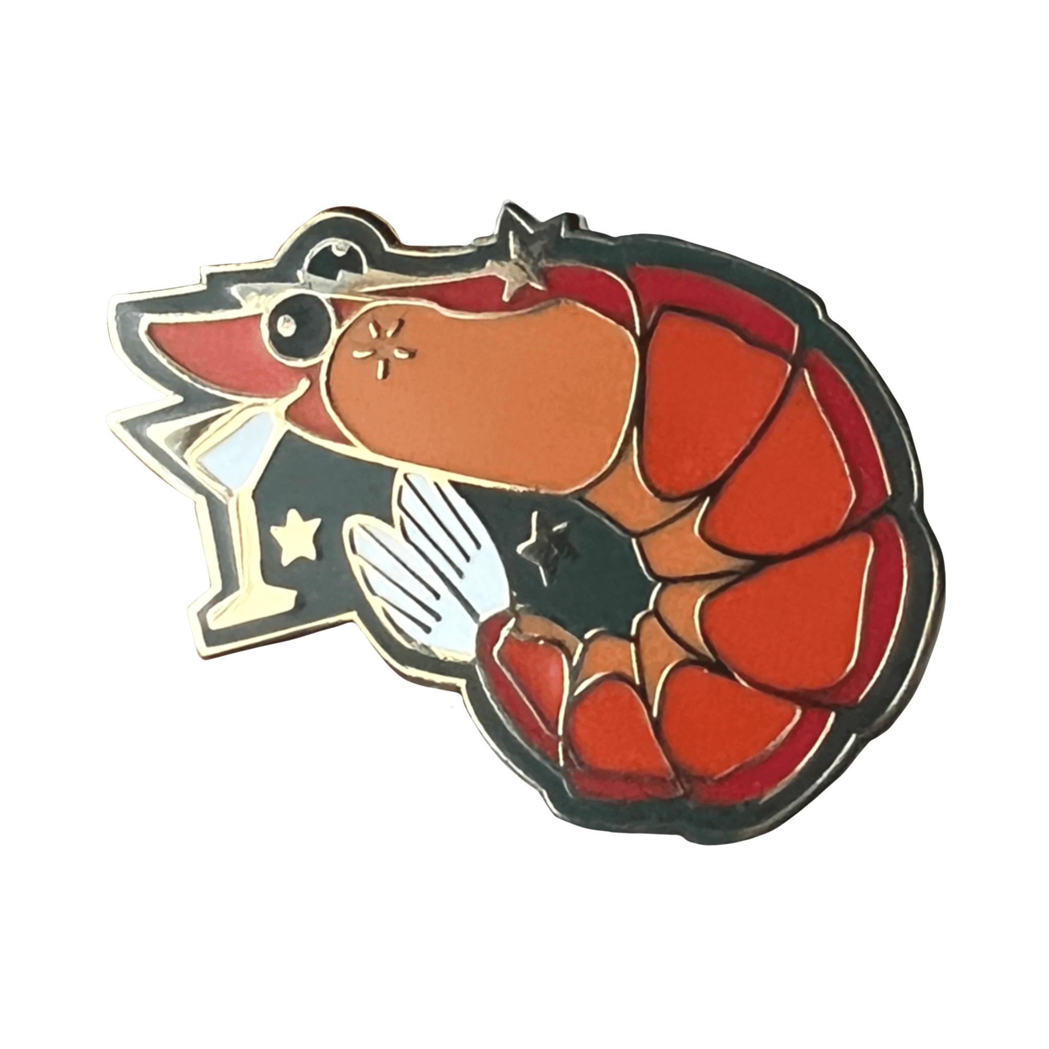 The Prawn Cocktail Pin by Pins by diedododa features an orange prawn with a star-topped wand, surrounded by small stars on a black background, capturing the charm of a whimsical cocktail party.