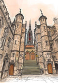 Essential Edinburgh’s New College Edinburgh Uni Matte Art Print features a grand stone university with arched windows, tall towers, and a Gothic spire, evoking the magical atmosphere of historic Edinburgh University.