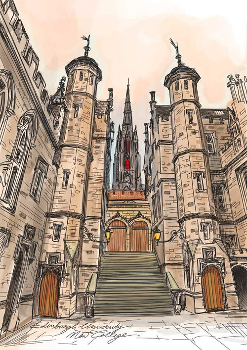 Essential Edinburgh’s New College Edinburgh Uni Matte Art Print features a grand stone university with arched windows, tall towers, and a Gothic spire, evoking the magical atmosphere of historic Edinburgh University.