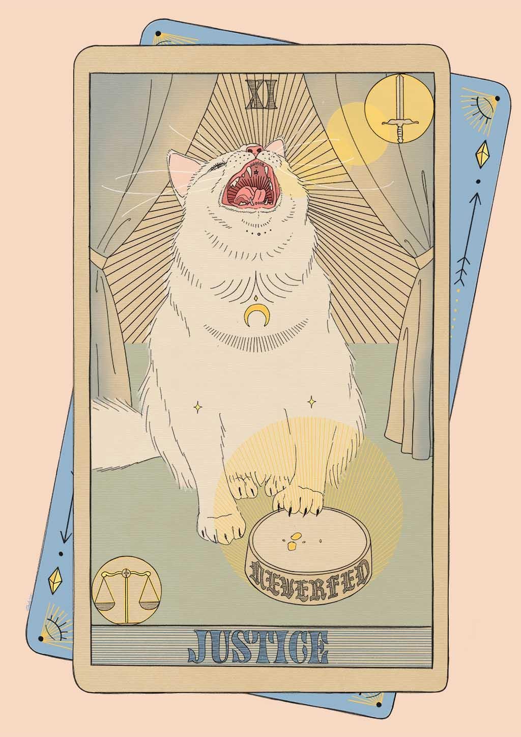 Justice Art Print by Tarot Cats features an upright white cat with open mouth behind a dish marked 
