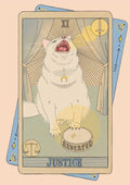 Justice Art Print by Tarot Cats features an upright white cat with open mouth behind a dish marked "Judgement," plus sword and scales icons, inspired by the classic tarot card.