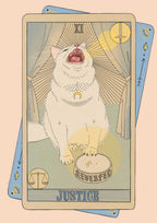 The Tarot Cats Justice Matte Art Print depicts a mystical white cat sitting upright with mouth open, "Justice" and "Reversed" text, scales, and a sword symbol in the background.