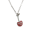 The Mon Chérie Necklace by Necklaces is a silver piece with a delicate cherry pendant on a stylish paperclip chain, elegantly inscribed with "Mon coeur" in cursive writing.