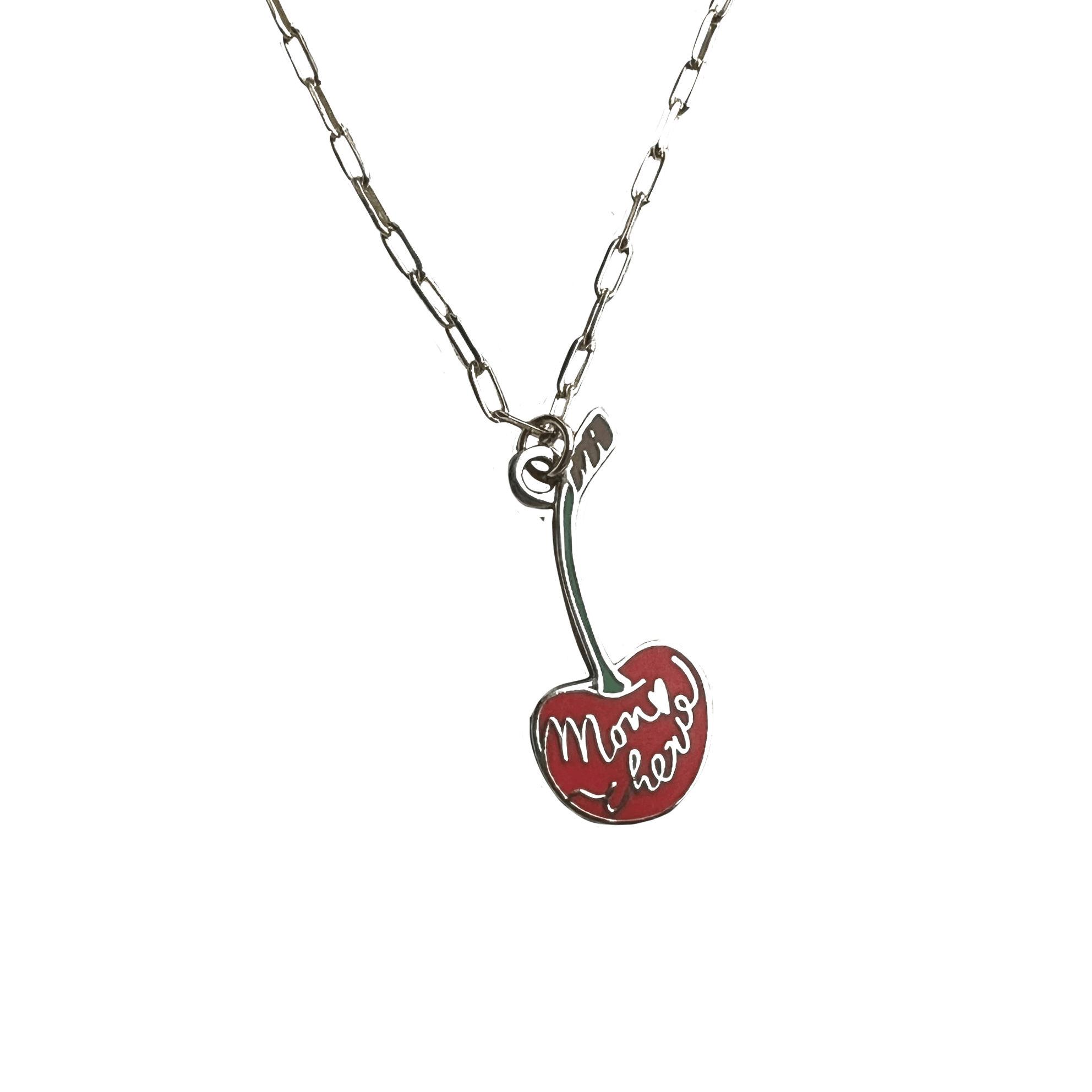 The Mon Chérie Necklace by Necklaces is a silver piece with a delicate cherry pendant on a stylish paperclip chain, elegantly inscribed with "Mon coeur" in cursive writing.