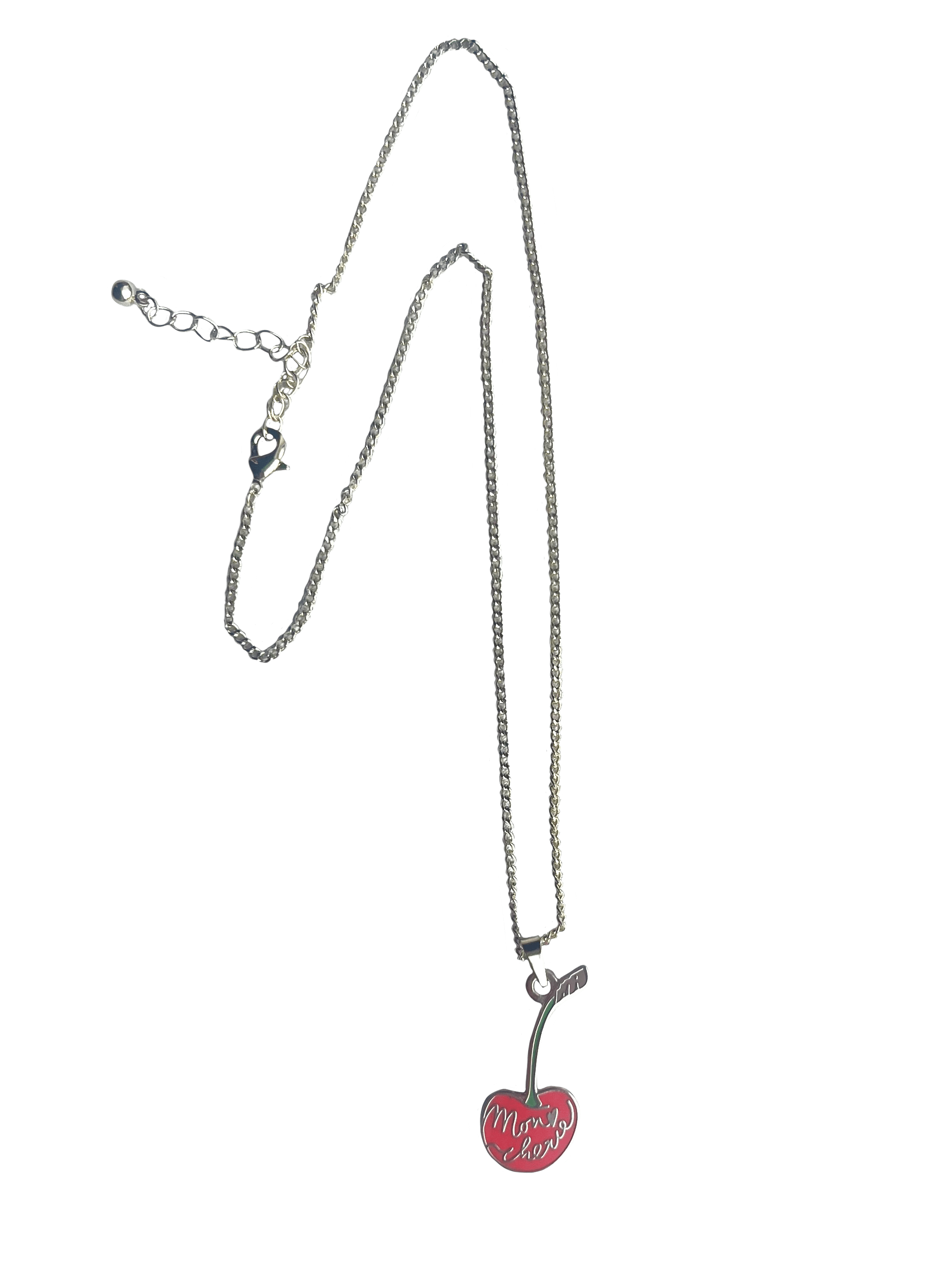 The Mon Chérie Necklace by Necklaces features a silver paperclip chain with a cherry-shaped pendant inscribed with "Mom's Kitchen.