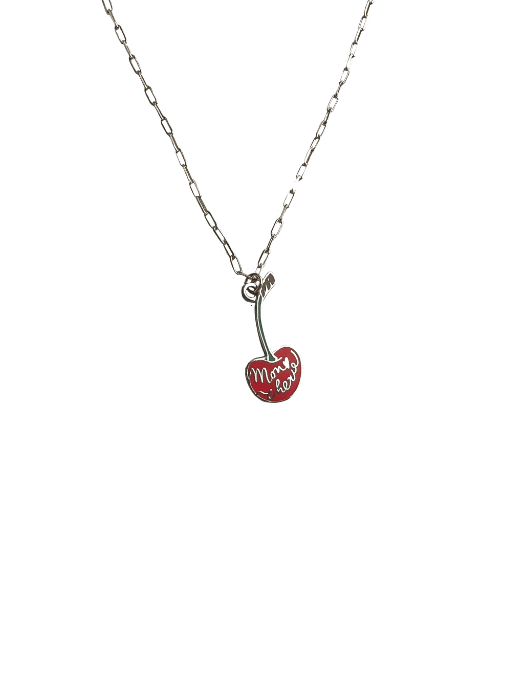 The Mon Chérie Necklace by Necklaces is a small paperclip chain featuring a red heart-shaped pendant pierced by an arrow with "Mwah" inside, elegantly set against a black background.