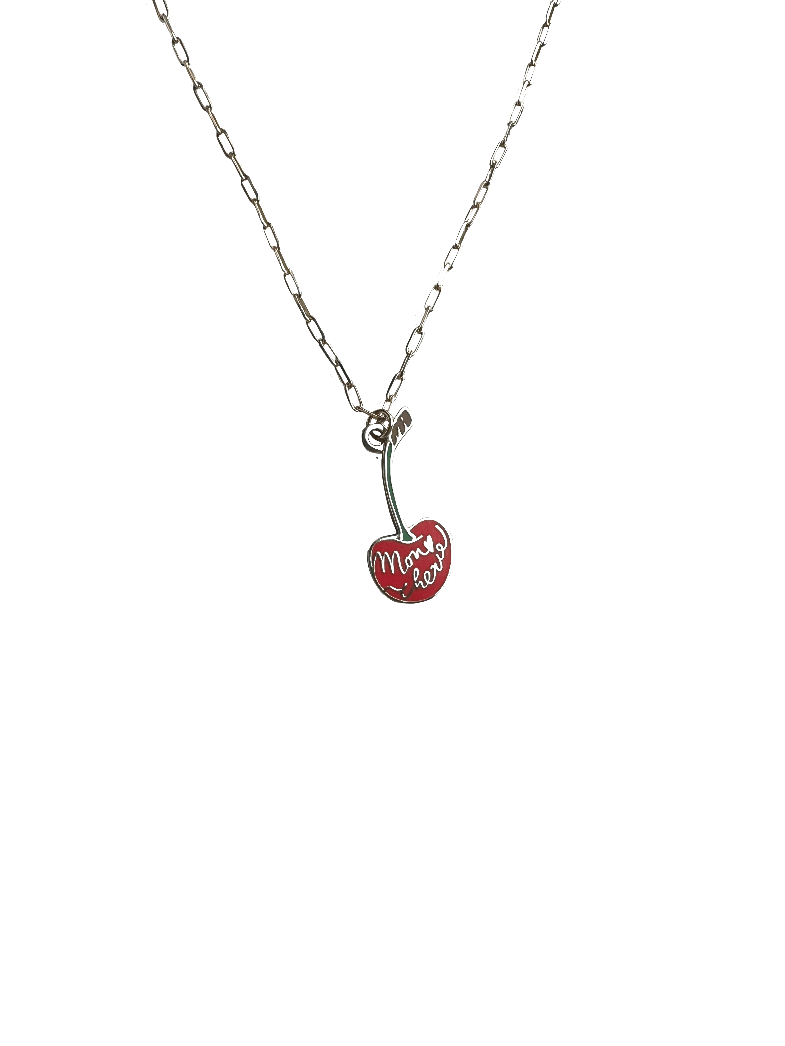 The Mon Chérie Necklace by Necklaces is a small paperclip chain featuring a red heart-shaped pendant pierced by an arrow with "Mwah" inside, elegantly set against a black background.