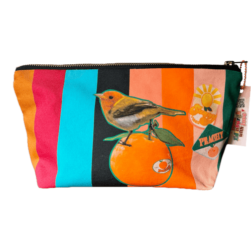 Sticky Beaks Pouch by Sticky Beaks: a handmade UK zippered pouch with vertical multicolored stripes, showcasing a tropical bird on an orange fruit, plus orange graphics and text accents.