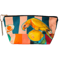 The Sticky Beaks Pouch by Sticky Beaks features a yellow parrot on orange fruit with geometric stripes. Perfect for carrying essentials, this handmade UK market day pouch adds a vibrant tropical touch to your accessories.