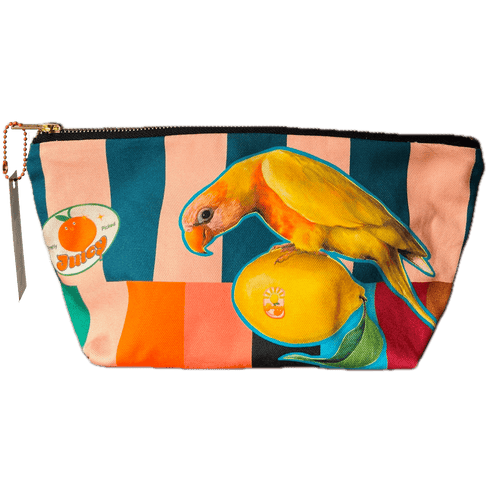 The Sticky Beaks Pouch by Sticky Beaks features a yellow parrot on orange fruit with geometric stripes. Perfect for carrying essentials, this handmade UK market day pouch adds a vibrant tropical touch to your accessories.