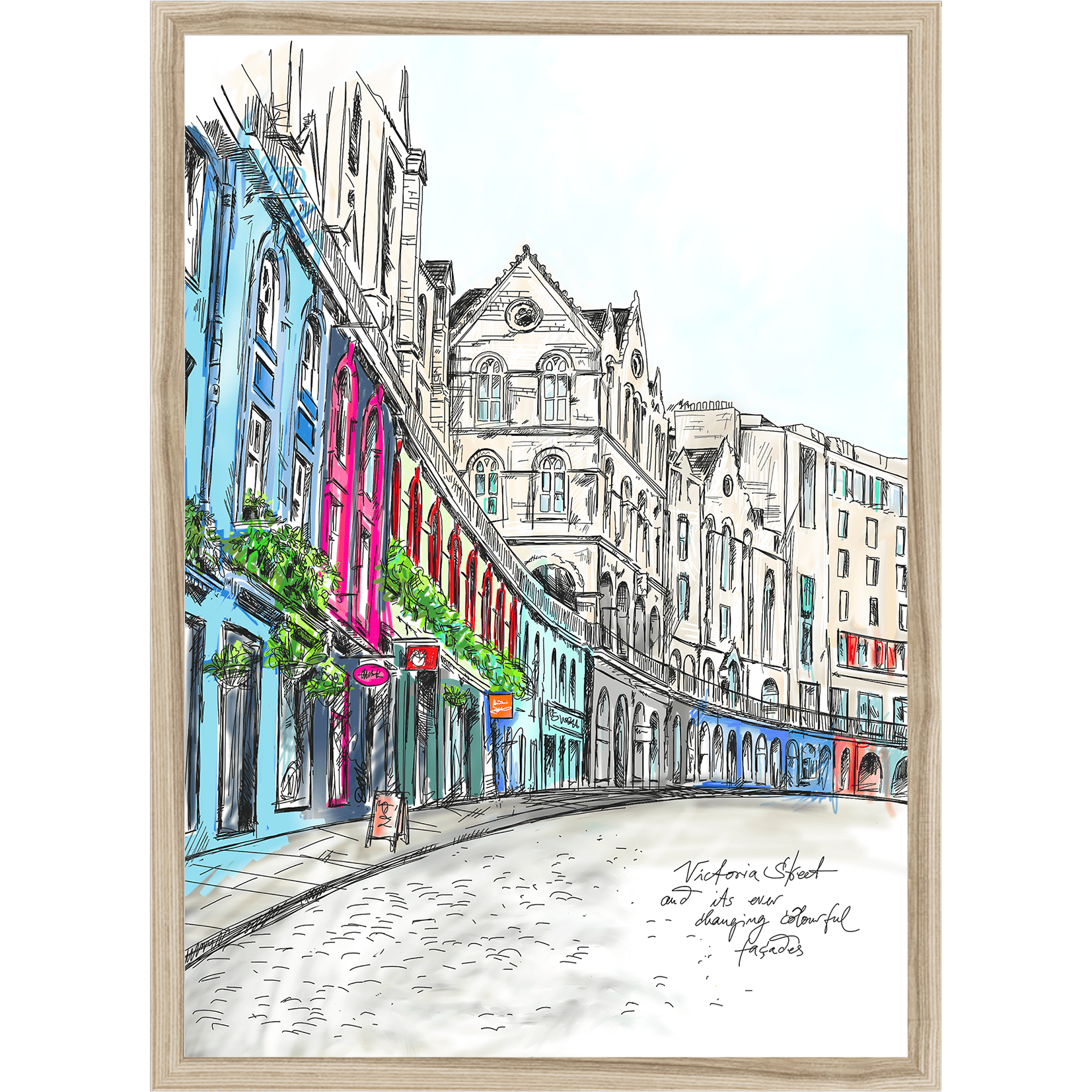 Essential Edinburgh's Victoria Street Matte Art Print captures a vibrant, curved city street with colorful buildings and shopfronts—ideal wall art for adding a unique Edinburgh touch to your space.