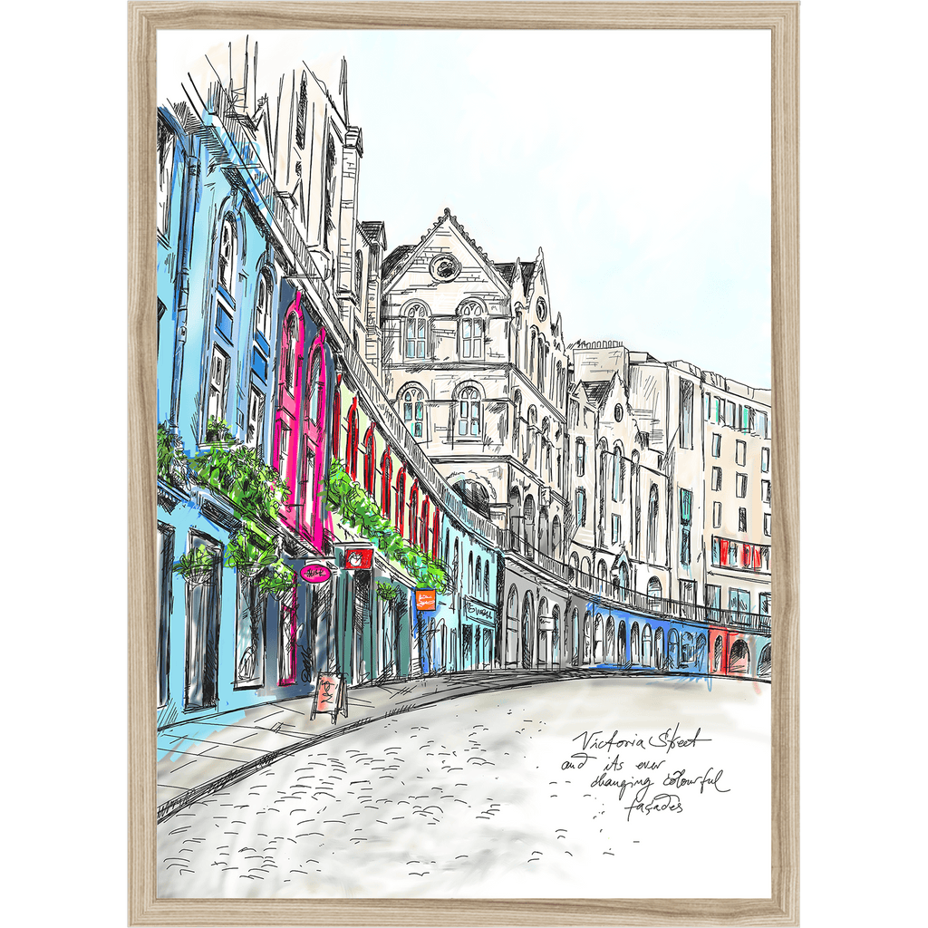 Essential Edinburgh's Victoria Street Matte Art Print captures a vibrant, curved city street with colorful buildings and shopfronts—ideal wall art for adding a unique Edinburgh touch to your space.
