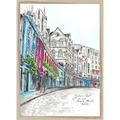Essential Edinburgh's Victoria Street Matte Art Print captures a vibrant, curved city street with colorful buildings and shopfronts—ideal wall art for adding a unique Edinburgh touch to your space.