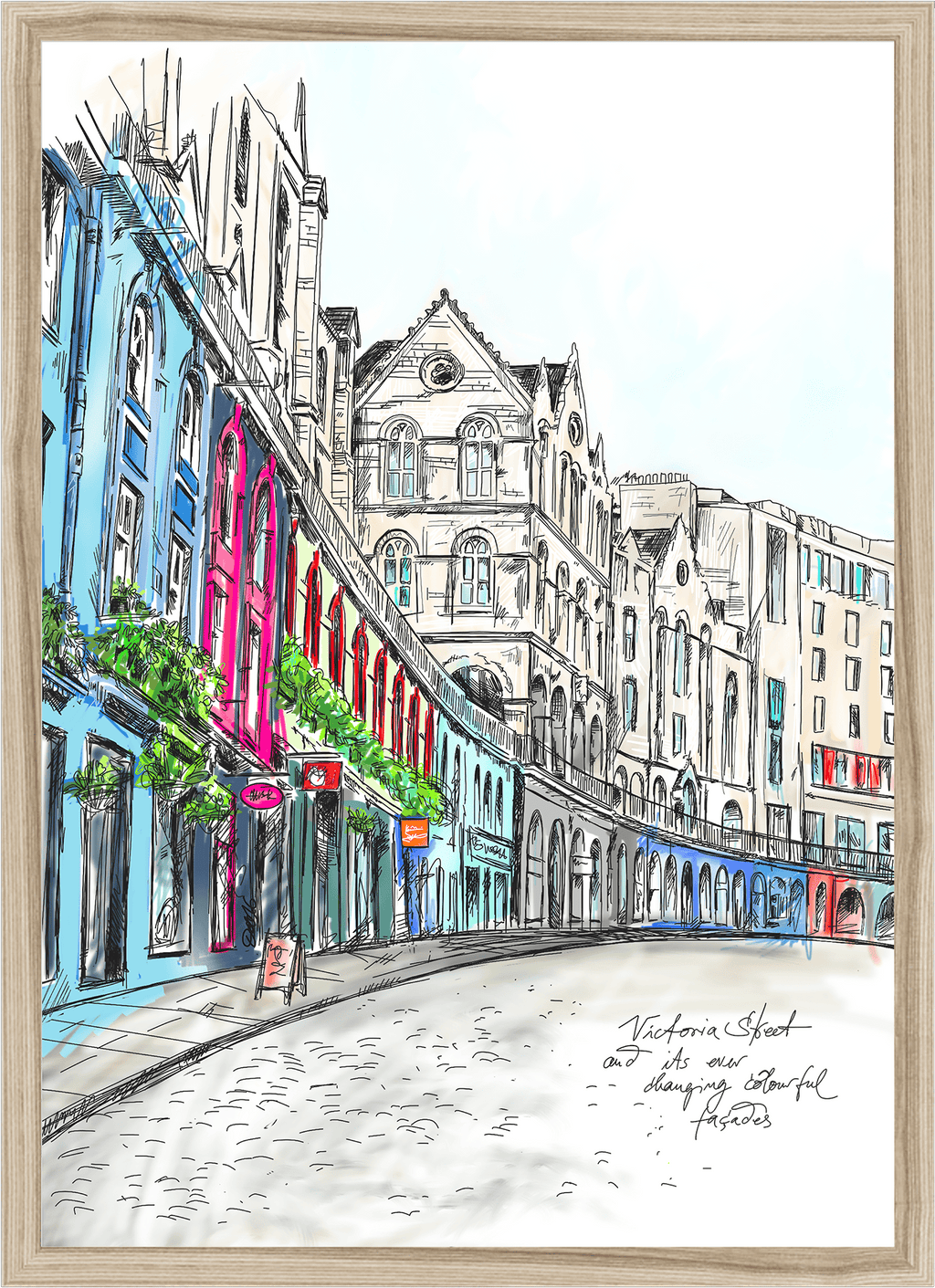 The Victoria Street Matte Art Print by Essential Edinburgh features a vibrant illustration of colorful shopfronts and historic buildings, with potted plants on the facades, capturing the charm of an empty Victoria Street.