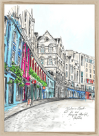 The Victoria Street Matte Art Print by Essential Edinburgh features a vibrant illustration of colorful shopfronts and historic buildings, with potted plants on the facades, capturing the charm of an empty Victoria Street.