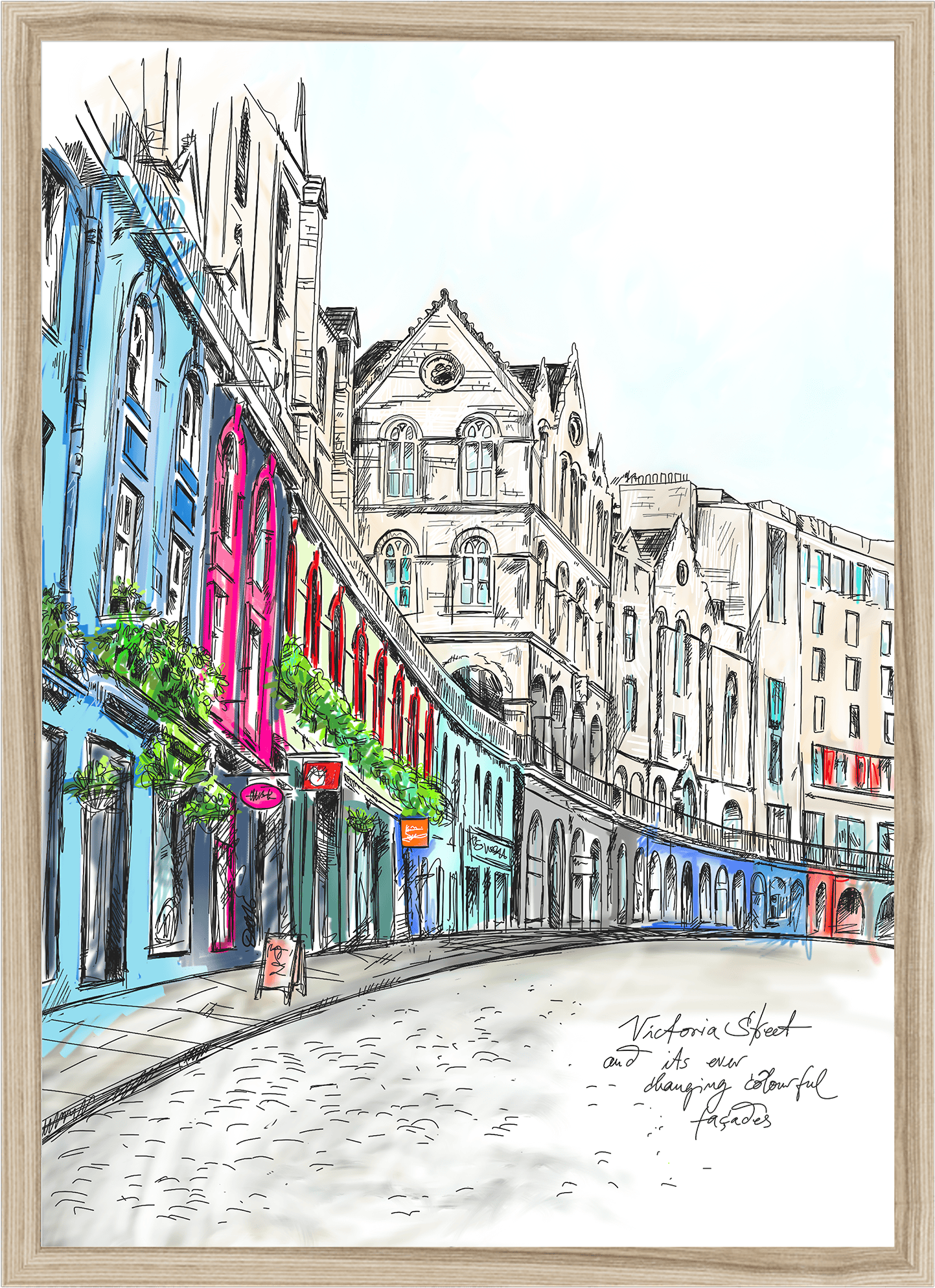 The Victoria Street Matte Art Print by Essential Edinburgh features a vibrant illustration of colorful shopfronts and historic buildings, with potted plants on the facades, capturing the charm of an empty Victoria Street.