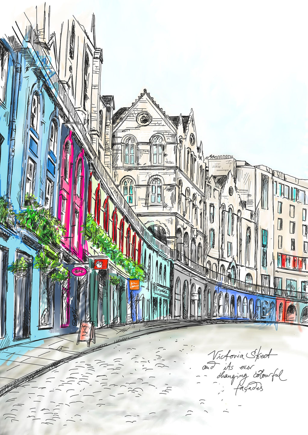A vibrant sketch of Victoria Street with colorful historic facades under a clear sky, ideal as the Essential Edinburgh Victoria Street Matte Art Print to brighten any wall.