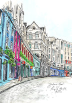 A vibrant sketch of Victoria Street with colorful historic facades under a clear sky, ideal as the Essential Edinburgh Victoria Street Matte Art Print to brighten any wall.