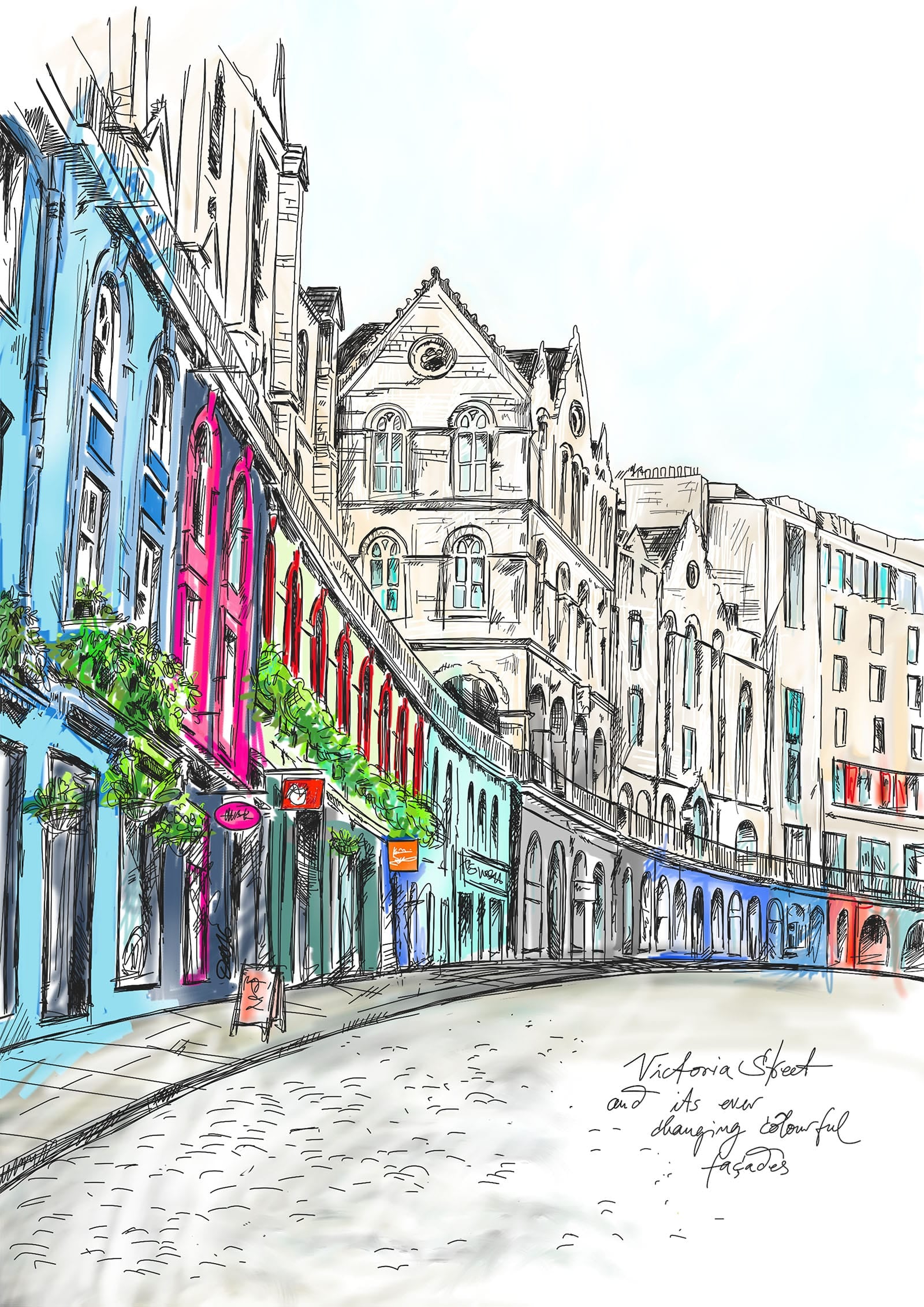 A vibrant sketch of Victoria Street with colorful historic facades under a clear sky, ideal as the Essential Edinburgh Victoria Street Matte Art Print to brighten any wall.
