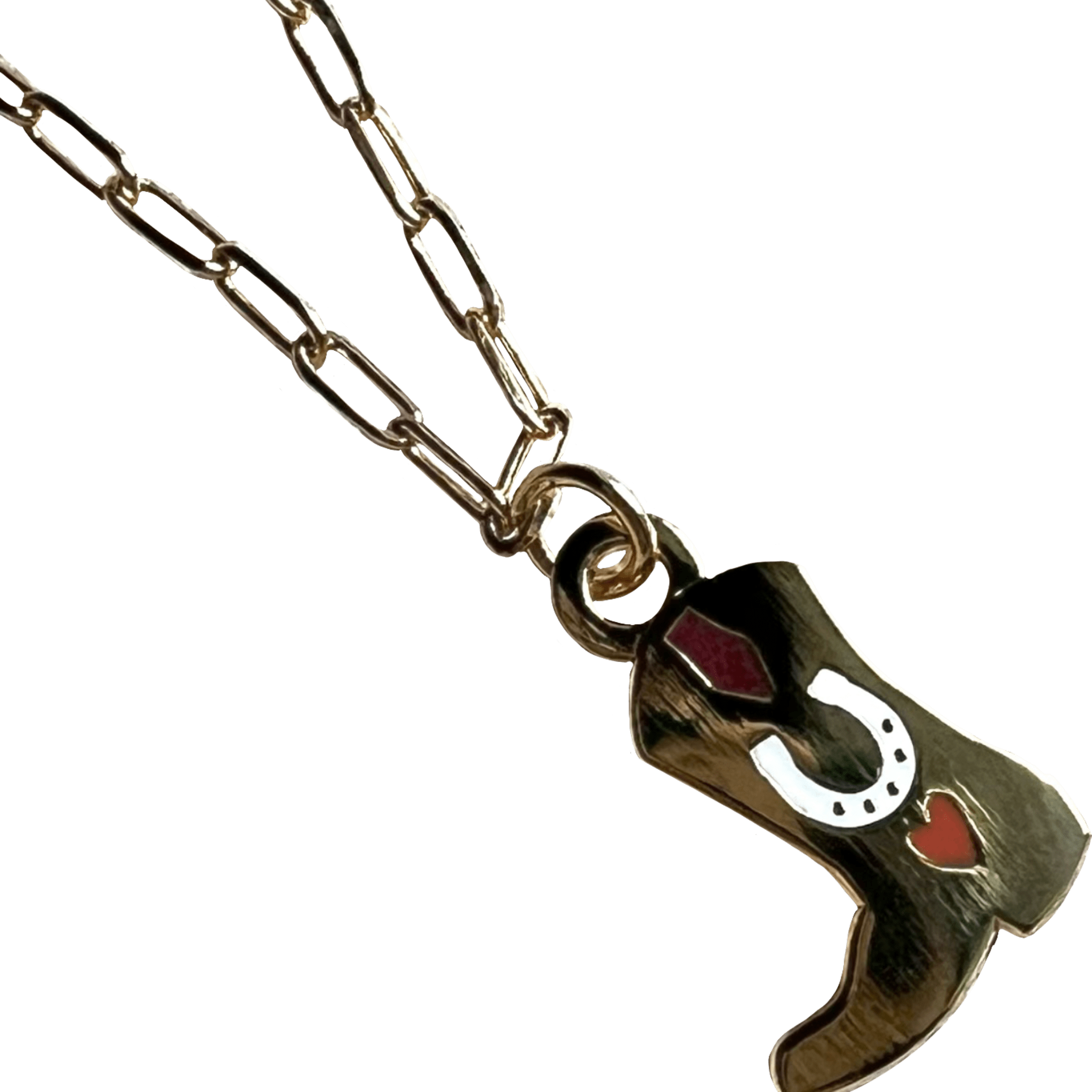 Introducing the Necklaces Tiny Tootin Bootin Necklace: a stainless steel, 18k gold-plated paperclip chain adorned with a cowboy boot pendant featuring a red heart and diamond design.