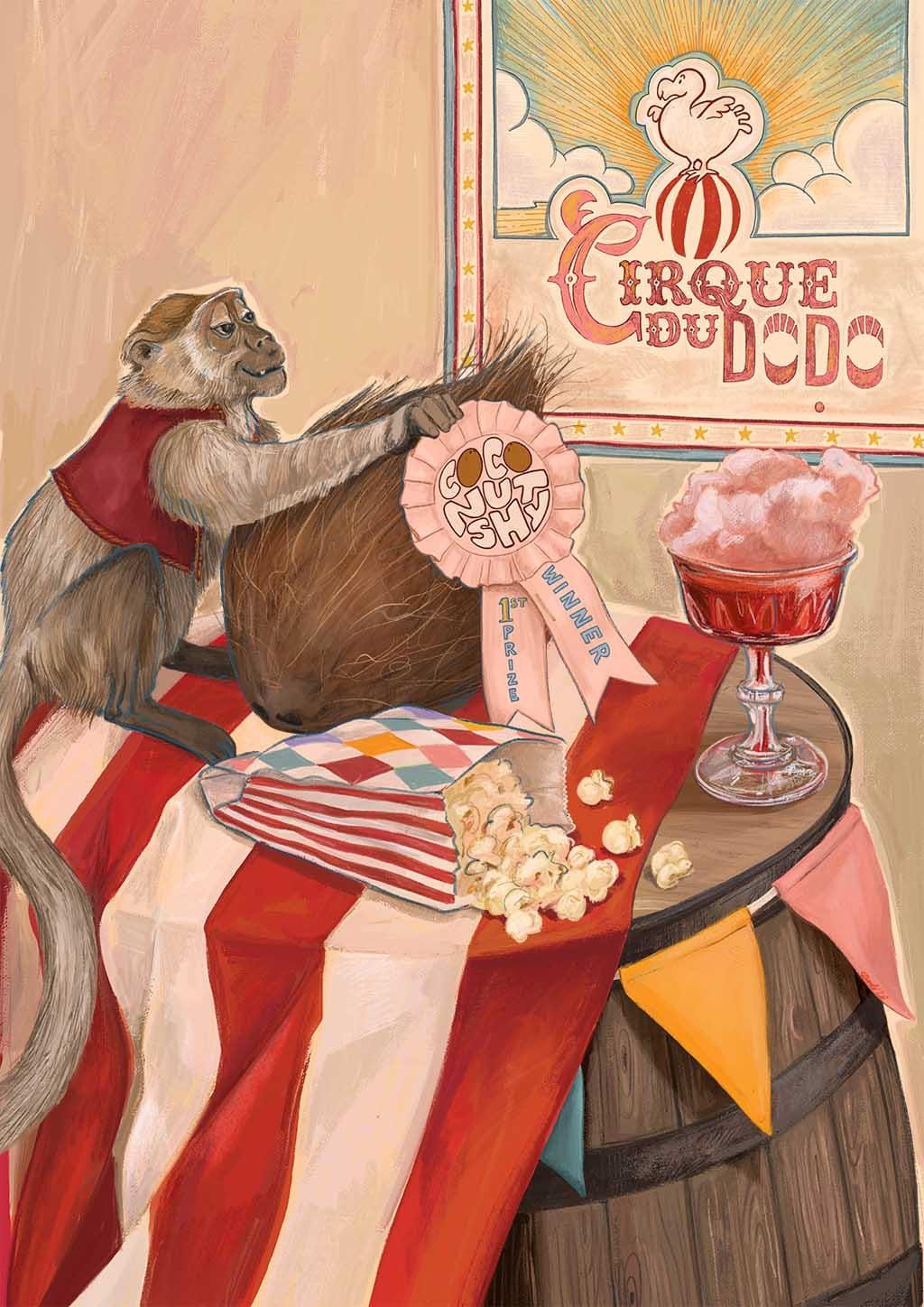 A monkey in a vest sits on a circus table with snacks beside the vibrant “Coconut Shy Cirque Du Dodo” Giclée Art Print by Hôtel Dodo and a first place ribbon.