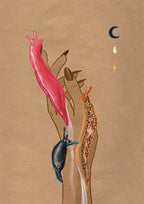 The Midnight Slugs Matte Art Print by Beauty and the Beastie features a hand holding three vibrant slugs, including an Australian pink slug, against a brown backdrop with a crescent moon and small symbols above.