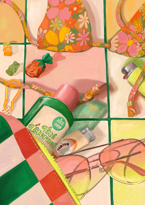 No keywords were provided to include in the description. Please provide one or two keywords so I can revise the description for the Dazed & Sunfused Giclée Art Print by Hôtel Dodo as requested.