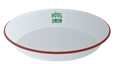 The Le Fond Profond Enamel BolPlat by Hôtel Dodo is a white shallow dish with a red rim and "HOTEL DODO" printed in green on the inner side.