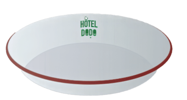 The Le Fond Profond Enamel BolPlat by Hôtel Dodo is a white shallow dish with a red rim and "HOTEL DODO" printed in green on the inner side.