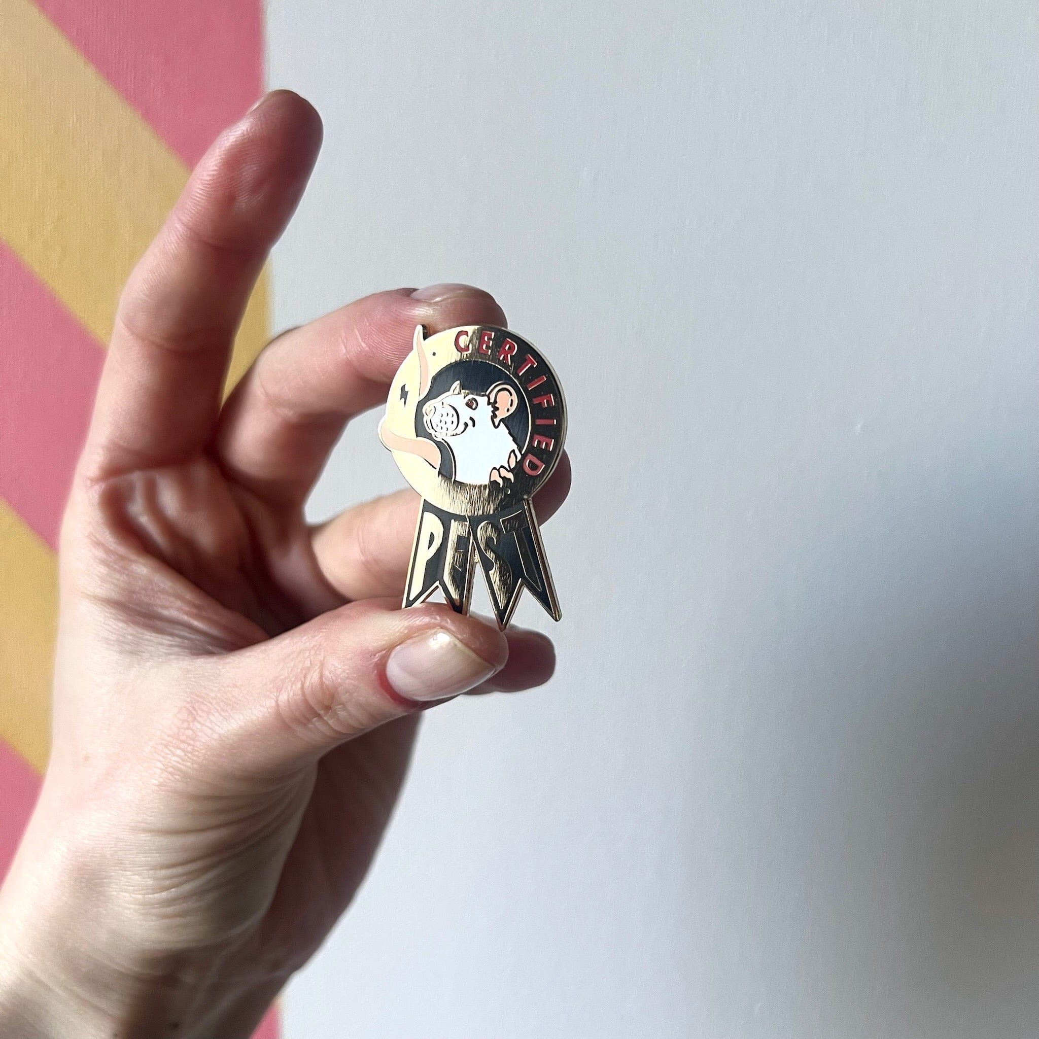 A hand displays the "Certified Pest Pin" by Pins by diedododa, featuring a cartoon rat and "Certified Pest" wording. The lively pink and yellow striped backdrop highlights this playful pin, perfect for bold personalities.