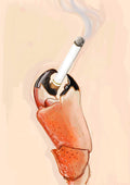 A smoked crab claw grasps a lit cigarette, smoke curling up in front of a neutral backdrop—a surreal Kitsch Kanaveral Smoked Crab Giclée Art Print, perfect for fans of quirky seafood-inspired art.