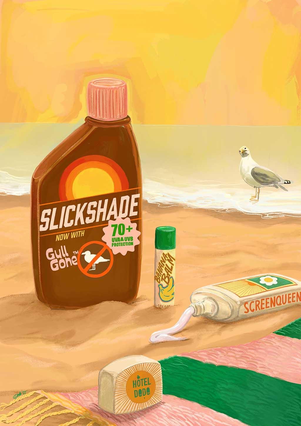 A bottle labeled "Screen Queen" by Hôtel Dodo sits with sunscreen props, a towel, and a seagull on sandy beach under a yellow sky, evoking summer relaxation in this Giclée Art Print.