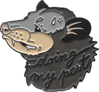 The "Doing My Pest Pin" by Pins by diedododa features a nervous cartoon opossum with sweat drops, sitting next to an Amanita Muscaria mushroom, with "doing my best" in cursive.