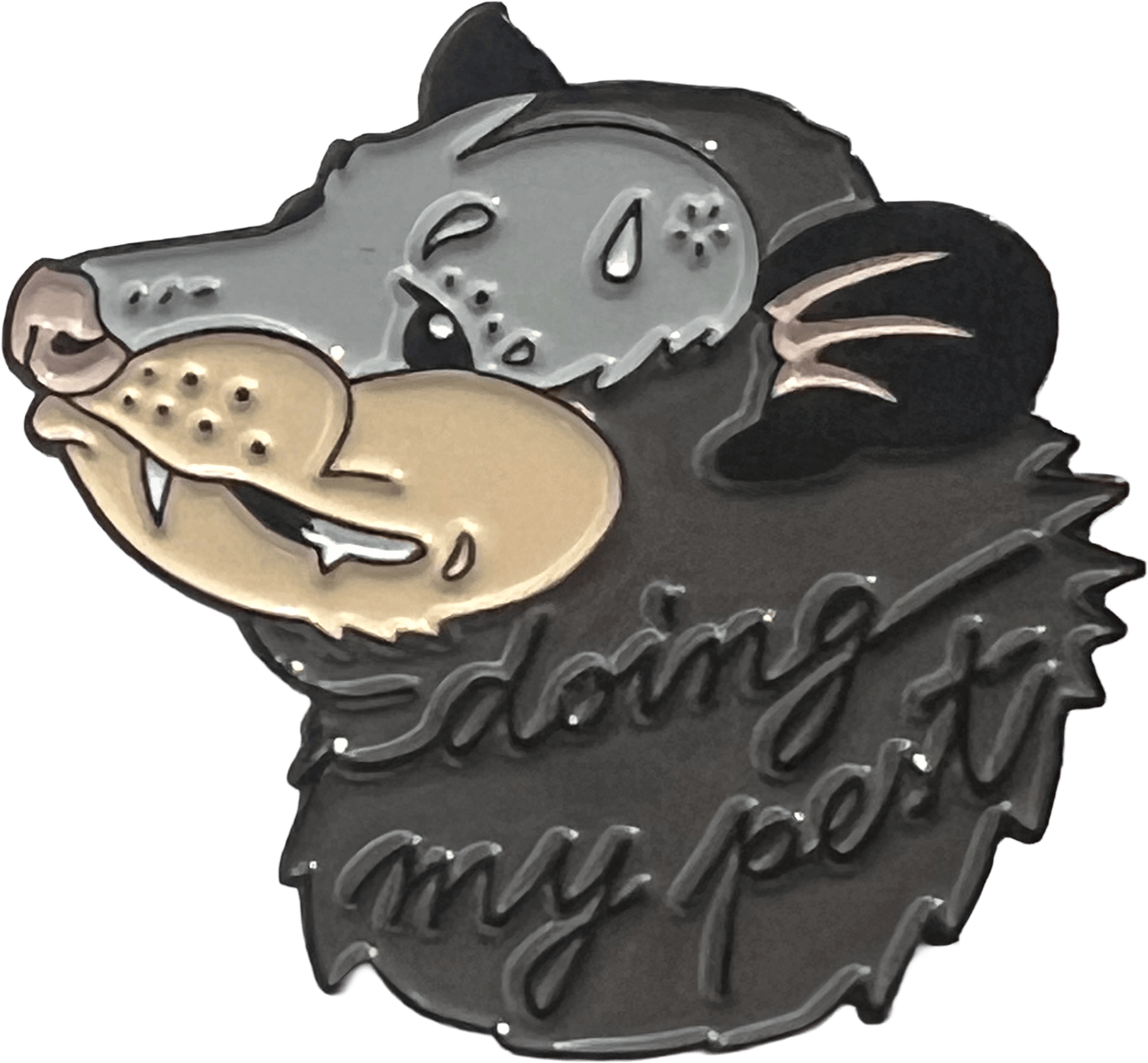 The "Doing My Pest Pin" by Pins by diedododa features a nervous cartoon opossum with sweat drops, sitting next to an Amanita Muscaria mushroom, with "doing my best" in cursive.