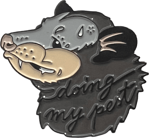 The "Doing My Pest Pin" by Pins by diedododa features a nervous cartoon opossum with sweat drops, sitting next to an Amanita Muscaria mushroom, with "doing my best" in cursive.