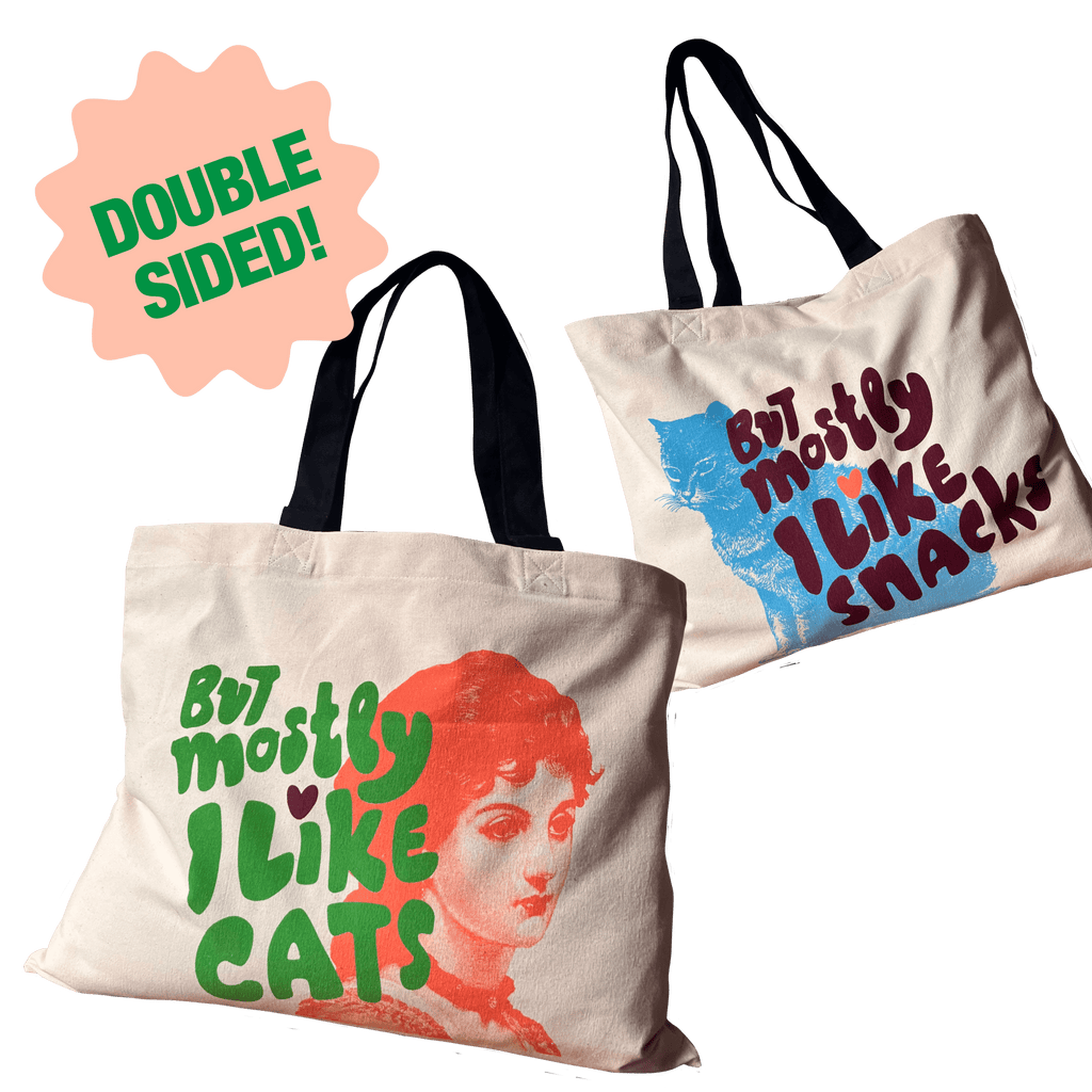 Introducing two eco-friendly tote bags from Bags by diedododa: the "But Mostly I Like Cats Shopping & Beach Bag" features a woman's image with the phrase, while its counterpart showcases a cat alongside "But mostly I like snacks." Crafted from cotton canvas with black handles and double-sided design, these totes are ideal for enthusiasts of cats and snacks alike.
