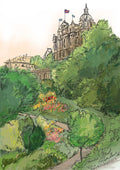 Princes Street Gardens Matte Art Print by Essential Edinburgh features a domed historic building with flags, surrounded by lush gardens and winding paths under a light sky.
