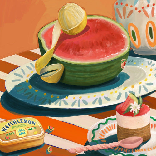 The Hôtel Dodo Watermelon Giclée Art Print from Hôtel Dodo features a summery scene with fruit and treats on patterned plates—an ideal splash of Mediterranean charm for your next luxury picnic or home decor refresh.