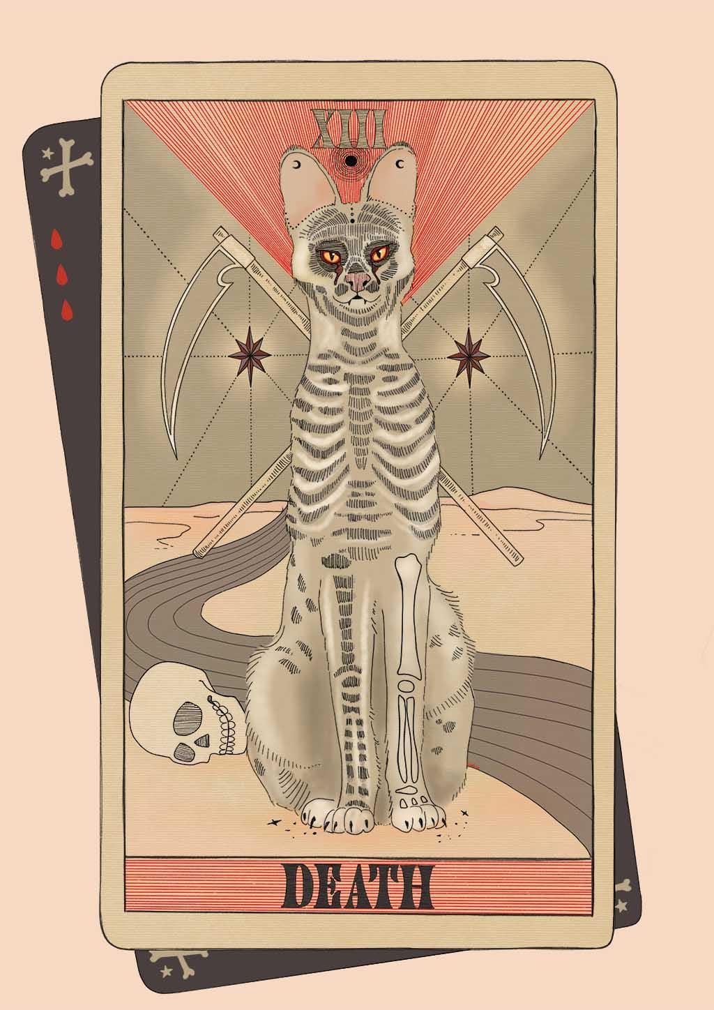 The Death Matte Art Print by Tarot Cats features an illustrated "Death" tarot card with a skeletal cat, two scythes behind it, a skull to the left, and a desert landscape in the background.