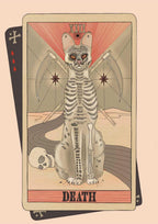 The Death Matte Art Print by Tarot Cats features an illustrated "Death" tarot card with a skeletal cat, two scythes behind it, a skull to the left, and a desert landscape in the background.