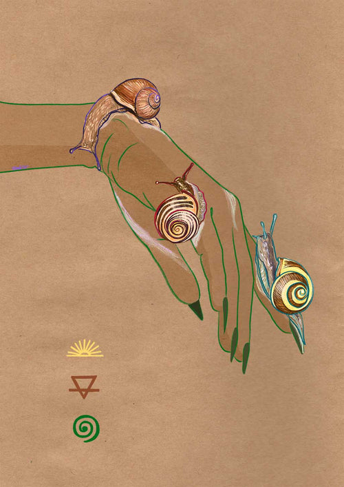 The Spring Snails Matte Art Print by Beauty and the Beastie features an illustrated hand with three spiral-patterned snails on its fingers. The background is brown with small geometric symbols: a sunburst, inverted triangle, and spiral.